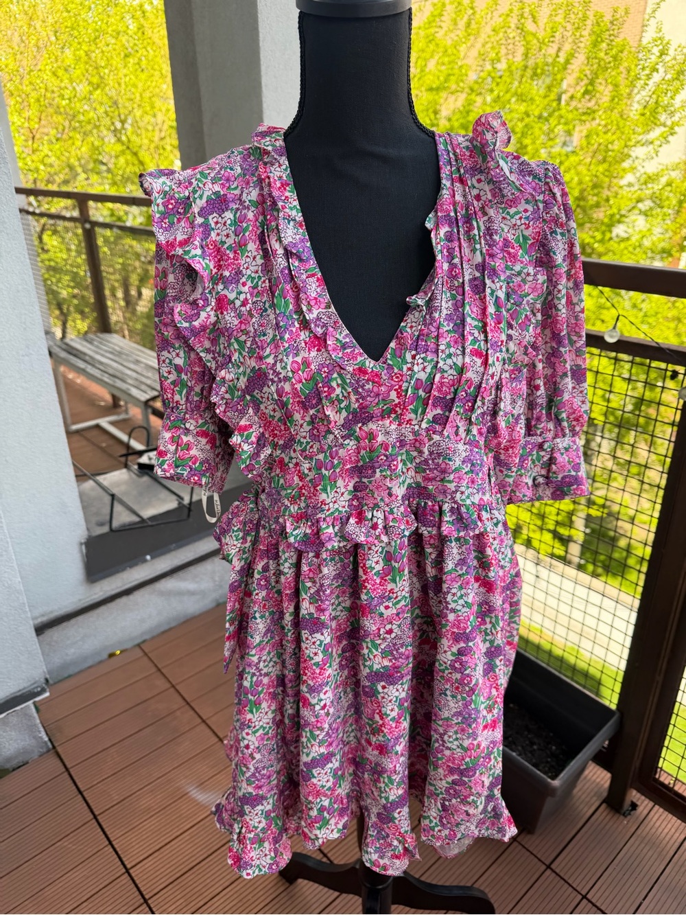 Floral Ruffle V-Neck Mini Dress - Pink & Green